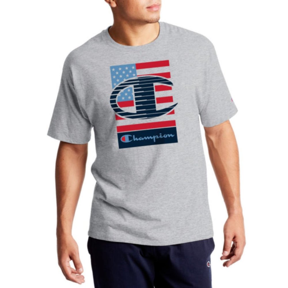 Champion Crew Neck Short Sleeve USA Flag Graphic T-Shirt Grey Size Large